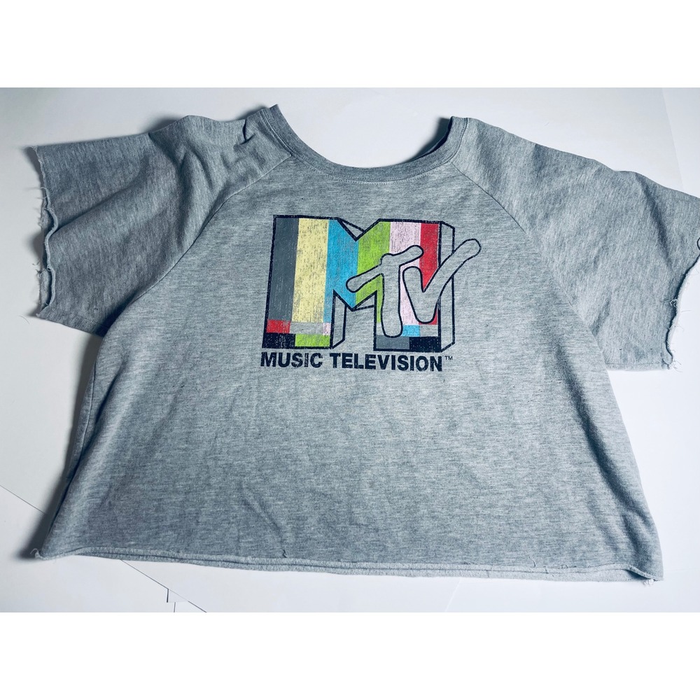 MTV Music Television Crop Sweatshirt Womens XL Gray Raw Hem Graphic Logo Y2K